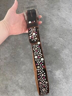 Women's Brown Leather Belt with Clear and Pink Rhinestones